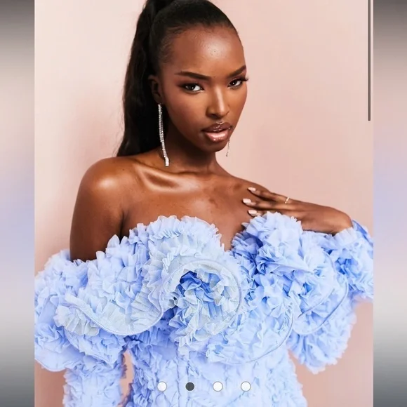 ASOS LUXE 3D Lace Ruffle Bardot Mini Dress in Blue - Picture 2 of 10